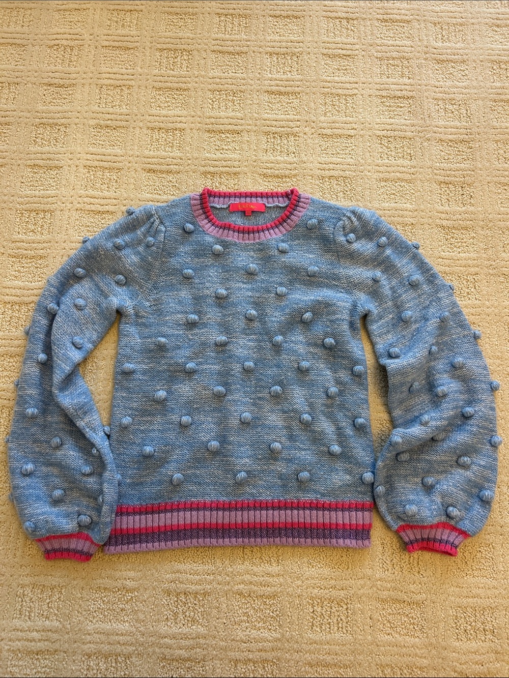 Lilly Pulitzer Blue Pom-Pom Knit Sweater with Pink Trim